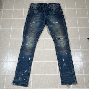 PRPS Jeans Dark Blue Moto Distressed Faded Straight Stretch Denim Mens Sz 32x34